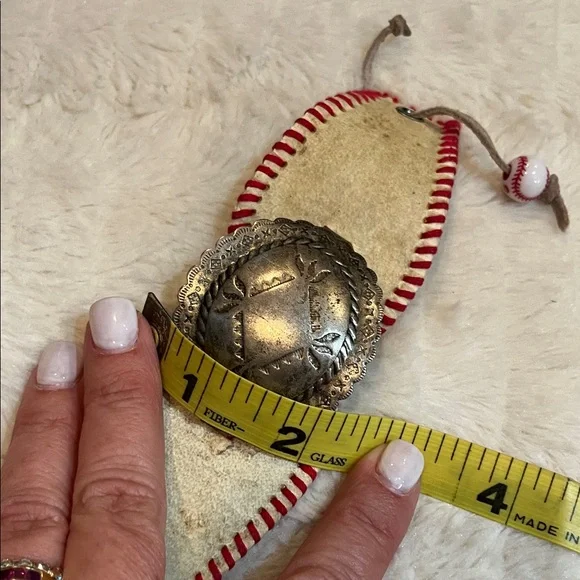 Baseball leather Silver and Cream Cuff Bracelet - Picture 5 of 6
